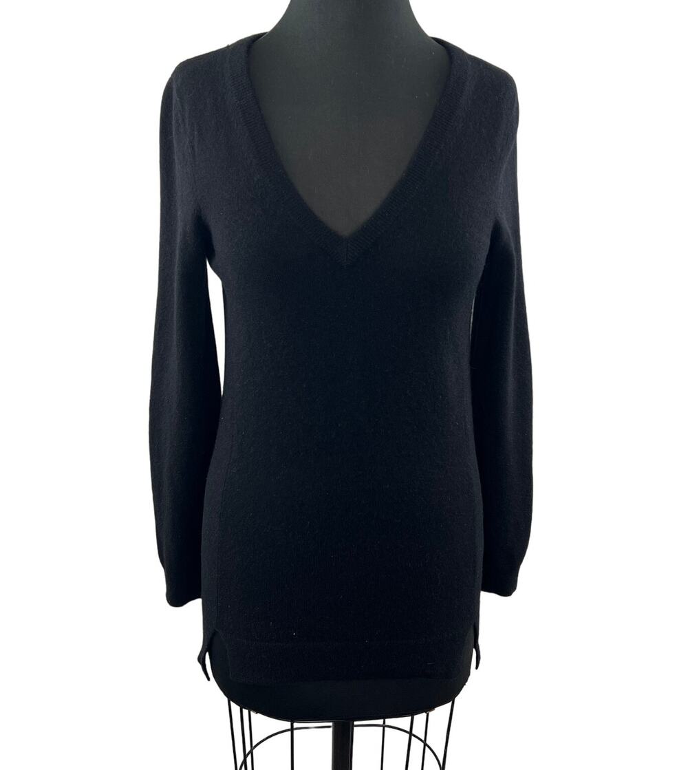 AQUA Black Knit Cashmere & Leather Elbow-Patch V-Neck LS Pullover Sweater S